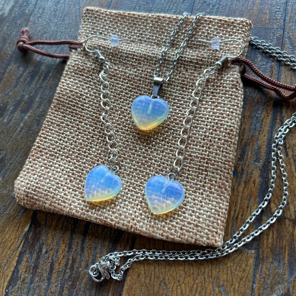 Hand Crafted Jewelry - Opalite Heart Necklace Opalite Earrings Crystal Necklace Gemstone Earrings